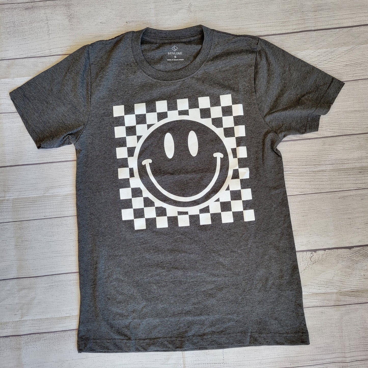 Gray Retro Style Checkered Smiley Face T-shirt