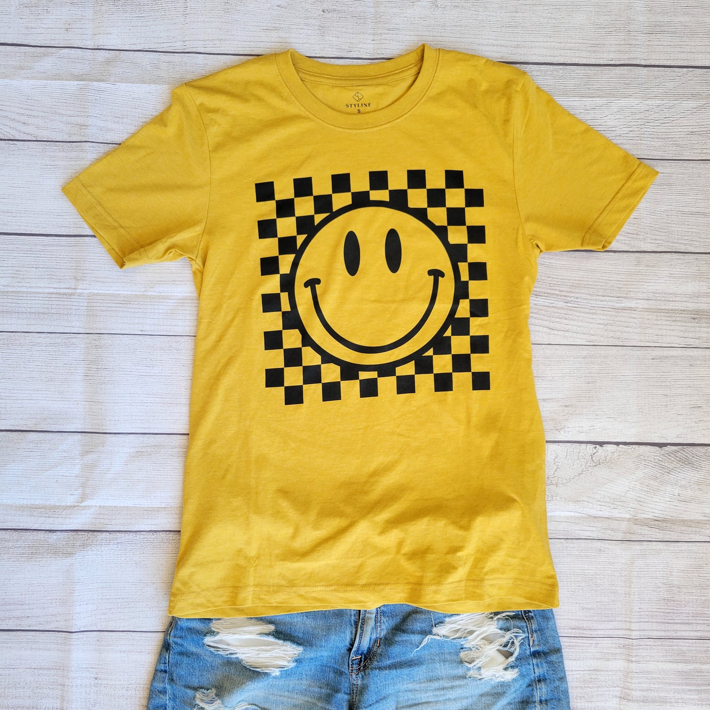 Mustard Retro Style Checkered Smiley Face T-shirt