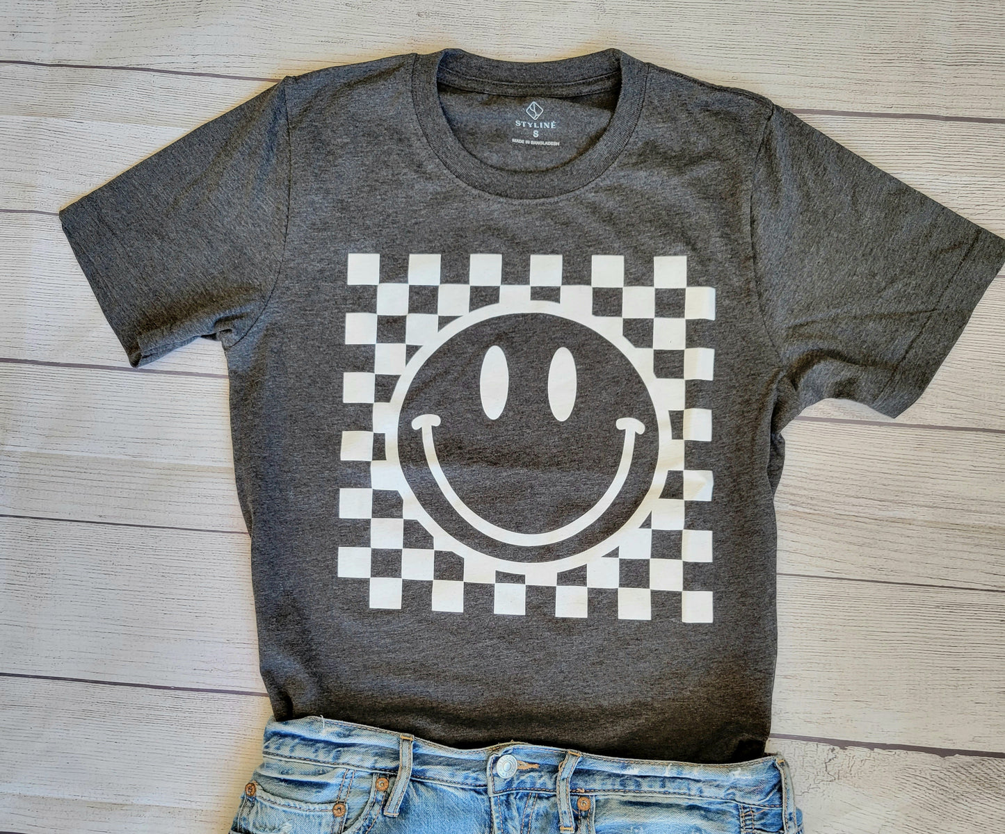 Gray Retro Style Checkered Smiley Face T-shirt